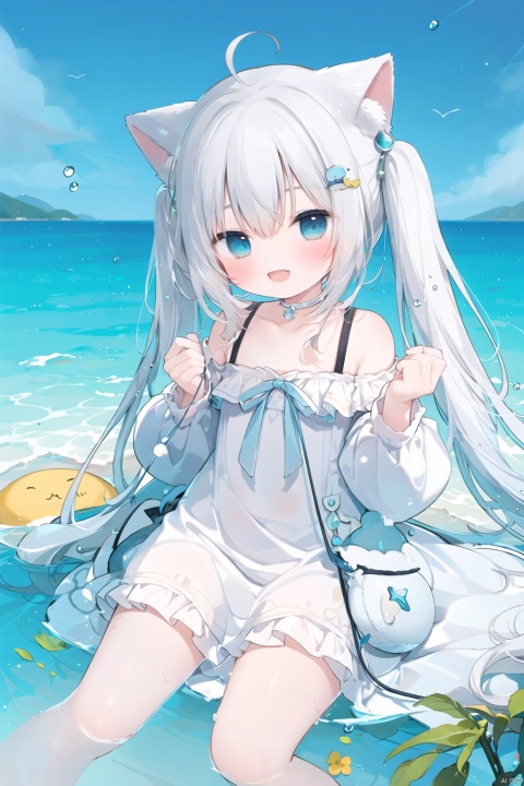 1girl, solo, long hair, looking at viewer, blush, smile, open mouth, bangs, blue eyes, hair ornament, long sleeves, dress, animal ears, hair between eyes, bare shoulders, twintails, sitting, very long hair, collarbone, tail, ahoge, white hair, :d, heart, outdoors, frills, detached sleeves, sky, choker, hairclip, fang, puffy sleeves, cat ears, water, off shoulder, white dress, cat tail, animal ear fluff, hands up, feet out of frame, ocean, low twintails, beach, cat girl, off-shoulder dress