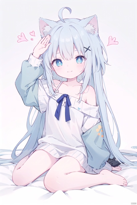 30710, petite, loli, solo, animal ears, heart, puffy short sleeves, grey hair, long hair, off shoulder, bangs, hair ornament, gradient background,rainbow gradient, x hair ornament, animal ear fluff, looking at viewer, very long hair, blush, smile, cat ears, bare shoulders, collarbone, hand up, gradient sweater, hair between eyes, symbol-shaped pupils, arm up, heart-shaped pupils, hairclip, medium breasts, salute, bare legs,full body,blue_eye,((ahoge))