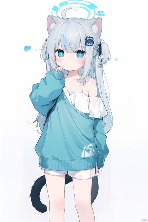  30710, petite, loli, solo, animal ears, heart, puffy short sleeves, grey hair, long hair, off shoulder, bangs, hair ornament, gradient background,rainbow gradient, x hair ornament, animal ear fluff, looking at viewer, very long hair, blush, smile, cat ears, bare shoulders, collarbone, hand up, gradient sweater, hair between eyes, symbol-shaped pupils, arm up, heart-shaped pupils, hairclip, medium breasts, salute, bare legs,full body,blue_eye,((ahoge)), + +,sparkling eyes,Starry eyes,ch style