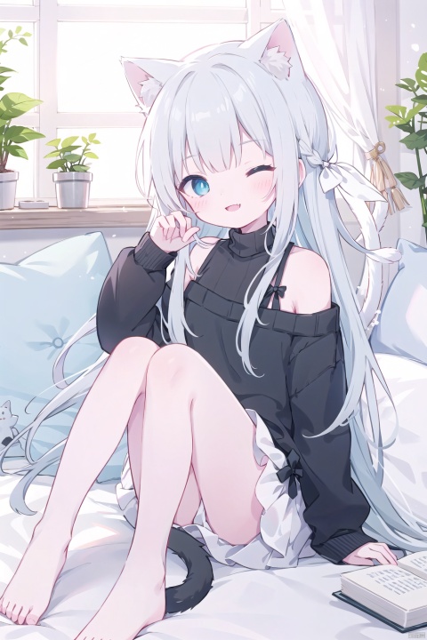 1girl, solo, long hair, looking at viewer, blush, smile, bangs, long sleeves, bow, animal ears, sitting, very long hair, closed mouth, tail, blue eyes, hair bow, grey hair, one eye closed, barefoot, fang, sweater, animal ear fluff, sleeves past wrists, book, cat ears, bare legs, black bow, cat tail, animal, cat girl, knees up, black sweater, fang out, animal on shoulder