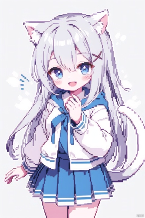 (((pixel art))),1girl, solo, long hair, looking at viewer, smile, open mouth, bangs, skirt, simple background, shirt, hair ornament, long sleeves, white background, bow, animal ears, hair between eyes, very long hair, blue eyes, tail, :d, pleated skirt, frills, grey hair, hairclip, fang, puffy sleeves, collared shirt, cat ears, hand up, hood, grey background, cat tail, animal ear fluff, white jacket, hood down, x hair ornament, cat girl,skirt, two-tone background, puffy long sleeves, drawstring, white hoodie