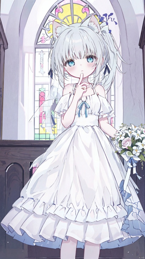  (((ahoge))),best quality, amazing quality, very aesthetic,absurdres, 1girl,solo, bangs,grey hair, blue_eyes, blush, bare shoulder, eyebrows visible through hair, medium breasts, medium hair, looking at viewer, shiny skin,side_ponytail, shiy clothes, background, church, stained glass, wedding, statue, wedding_dress, bouquet, flower_hair_ornament, flower_in_hair, flowers, animal_ears, cat_ears, 30710