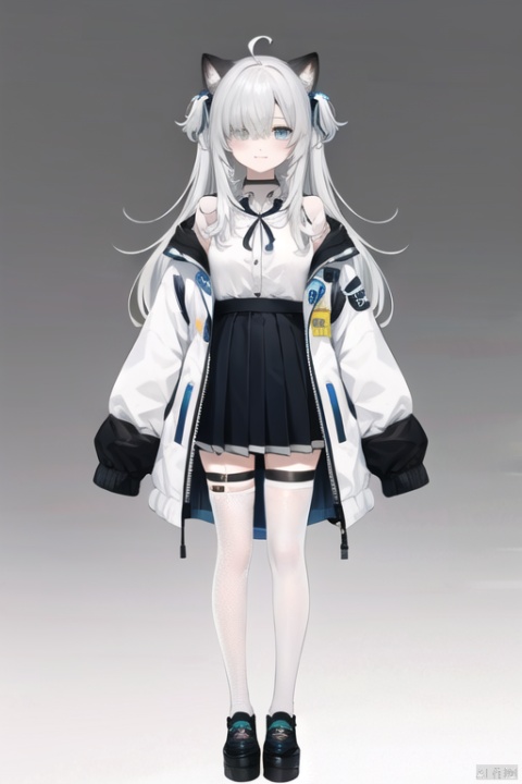 1girl, solo, thighhighs, long hair, heterochromia, full body, sleeves past fingers, hair over one eye, jacket, sleeves past wrists, ahoge, skirt, closed mouth, grey eyes, white jacket, shirt, thigh strap, black footwear, shoes, looking at viewer, white thighhighs, black shirt, standing, bangs, open clothes, long sleeves, very long hair, grey skirt, open jacket, white hair, off shoulder, collared shirt, smile, virtual youtuber, animal ears, two side up, breasts