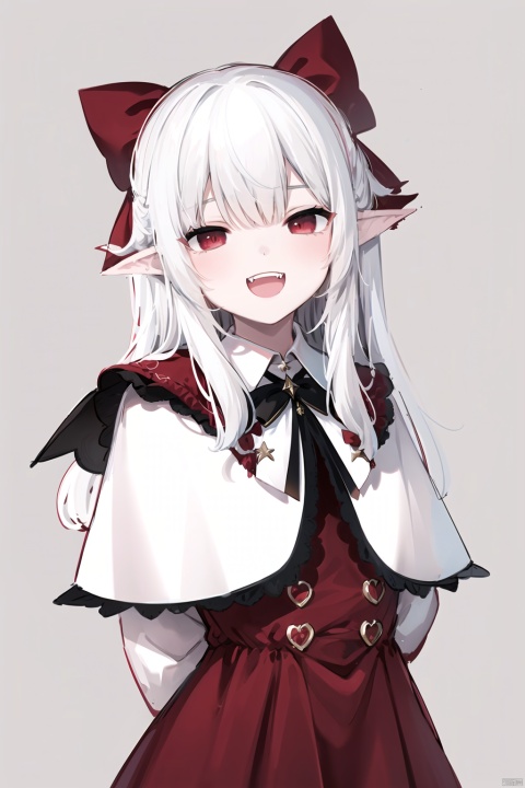 1girl,white hair,red eyes,1girl, half-closed eyes,arms behind back, solo, long_hair, dress, long_sleeves, smile, fangs, bow, :d, pointy_ears, looking_at_viewer, bangs, frills, open_mouth, very_long_hair, red_bow, blush, hair_bow, sleeves_past_wrists, lolita_fashion, red_dress, capelet, frilled_dress,hair_over_one_eye, vampire,cowboy shot,upper body, best quality, amazing quality, very aesthetic, absurdres,