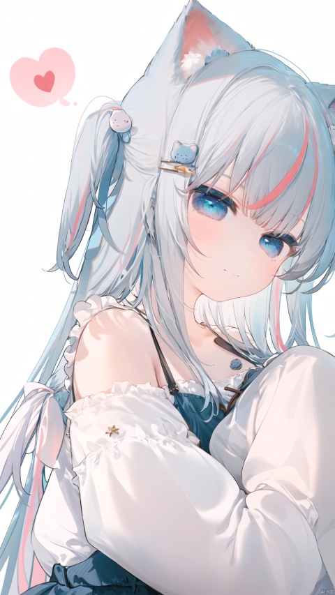 1girl, solo, long hair, looking at viewer, blush, smile, bangs, simple background, shirt, hair ornament, long sleeves, white background, animal ears, bare shoulders, very long hair, closed mouth, grey hair, blue eyes, collarbone, white shirt, white hair, heart, multicolored hair, hairclip, puffy sleeves, cat ears, off shoulder, two side up, streaked hair, animal ear fluff, sleeves past wrists, x hair ornament, camisole, puffy long sleeves, white sweater, cat hair ornament, panties under pantyhose 