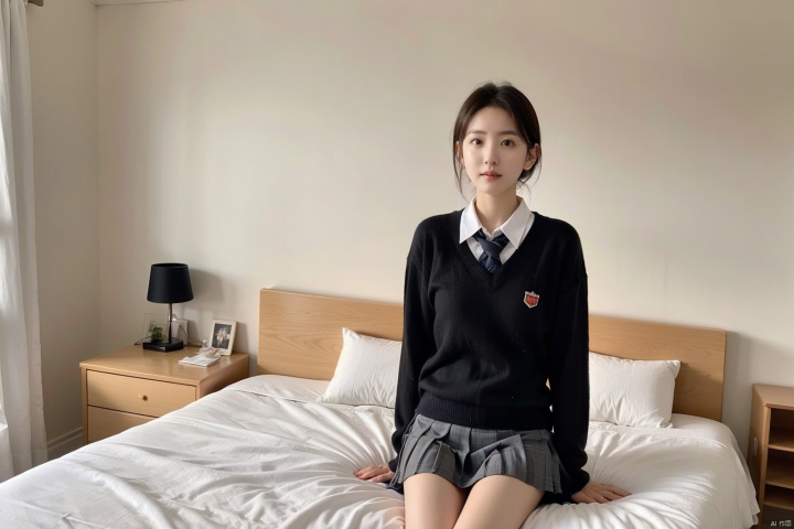  Enhanced, masterpiece, 16K, JK, 1 girl, short hair, school uniform, skirt, sitting on bed,
blank stare,