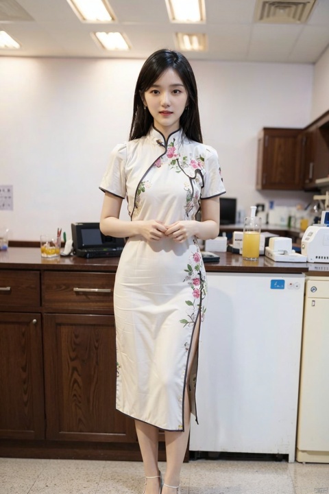  1girl, , long legs, thin and beautiful woman, earrings, , pure girl, full body, , small chest, , beautiful eyes, , uniform, in the laboratory,sexy
solo,standing,
public indecency,qipao