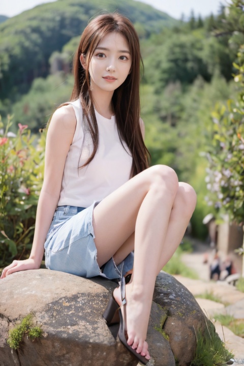  1girl,,sitting on rock