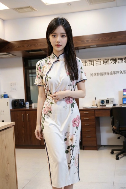  1girl, , long legs, thin and beautiful woman, earrings, , pure girl, full body, , small chest, , beautiful eyes, , uniform, in the laboratory,sexy
solo,standing,
public indecency,qipao