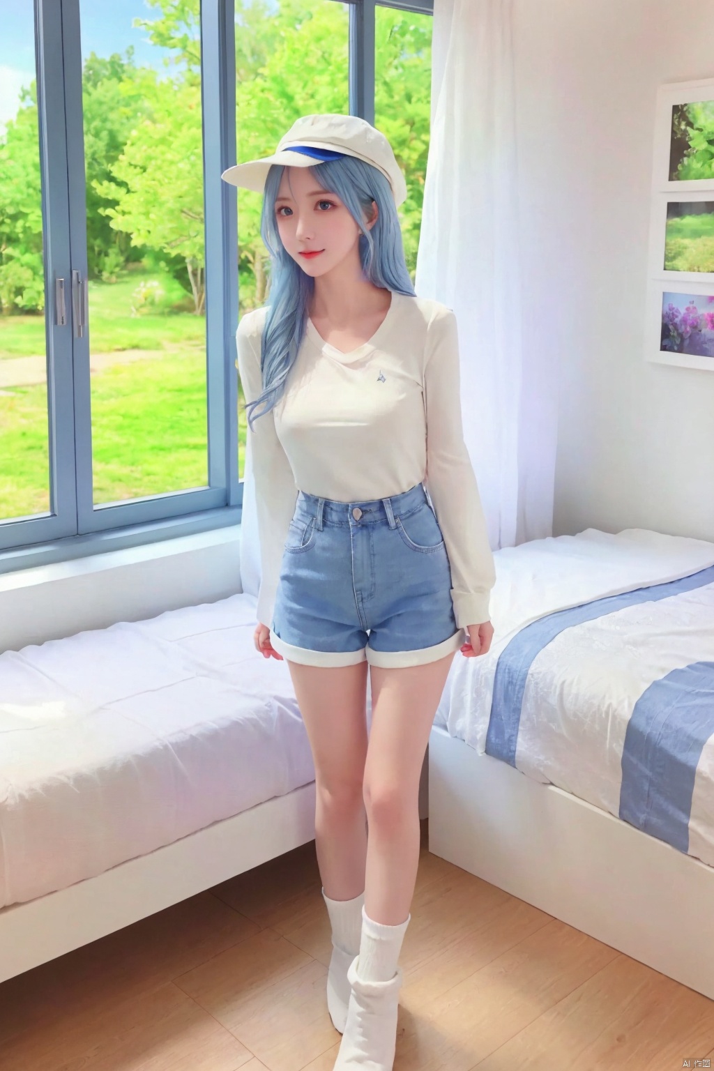  1girl,solo,looking at viewer,open mouth,blue eyes,long sleeves,hat,blue hair,full body,white hair,multicolored hair,white shirt,shorts,socks,standing,sunshine,bedroom,window,flower,(((arms behind the back))),