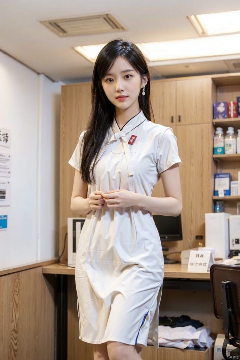  1girl, , long legs, thin and beautiful woman, earrings, , pure girl, full body, , small chest, , beautiful eyes, , uniform, in the laboratory,sexy
solo,standing,
public indecency,qipao