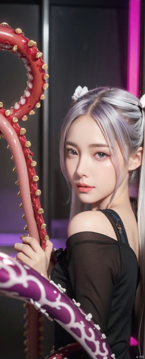  masterpiece, best quality, illustration, beautiful detailed eyes,colorful background,mechanical prosthesis,mecha coverage,emerging dark purple across with white hair,pig tails,disheveled hair,fluorescent purple,cool movement,rose red eyes,
1girl,teacher,veiny tentacles,
ruffling hair,