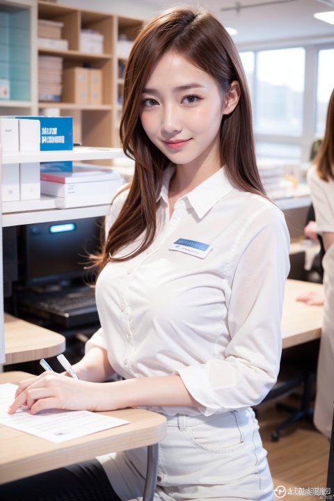  A white-collar worker works in a company, . 16 years old, White shirt,shy
small chest,1girl,female_solo,smile,
