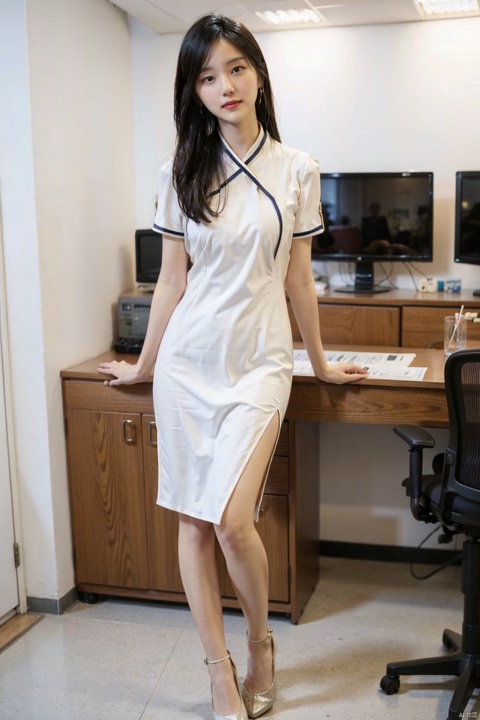  1girl, , long legs, thin and beautiful woman, earrings, , pure girl, full body, , small chest, , beautiful eyes, , uniform, in the laboratory,sexy
solo,standing,
public indecency,qipao