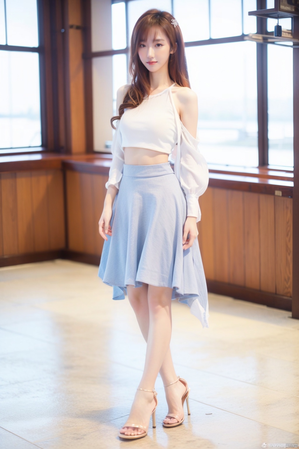  1girl, solo, long hair, looking at viewer, skirt, brown hair, hair ornament, bare shoulders, brown eyes, full body, sleeveless, midriff, indoors, water, high heels, lips, crop top, , chinese clothes, sandals,
diagonal bangs,