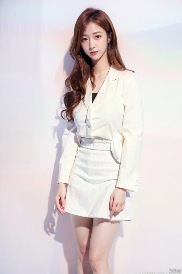  masterpiece,best quality,ultra high res; 1girl,white background, 
collared_shirt,skirt_suit, takei film, ((poakl))