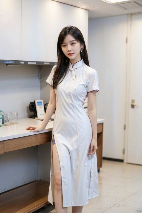  1girl, , long legs, thin and beautiful woman, earrings, , pure girl, full body, , small chest, , beautiful eyes, , uniform, in the laboratory,sexy
solo,standing,
public indecency,qipao