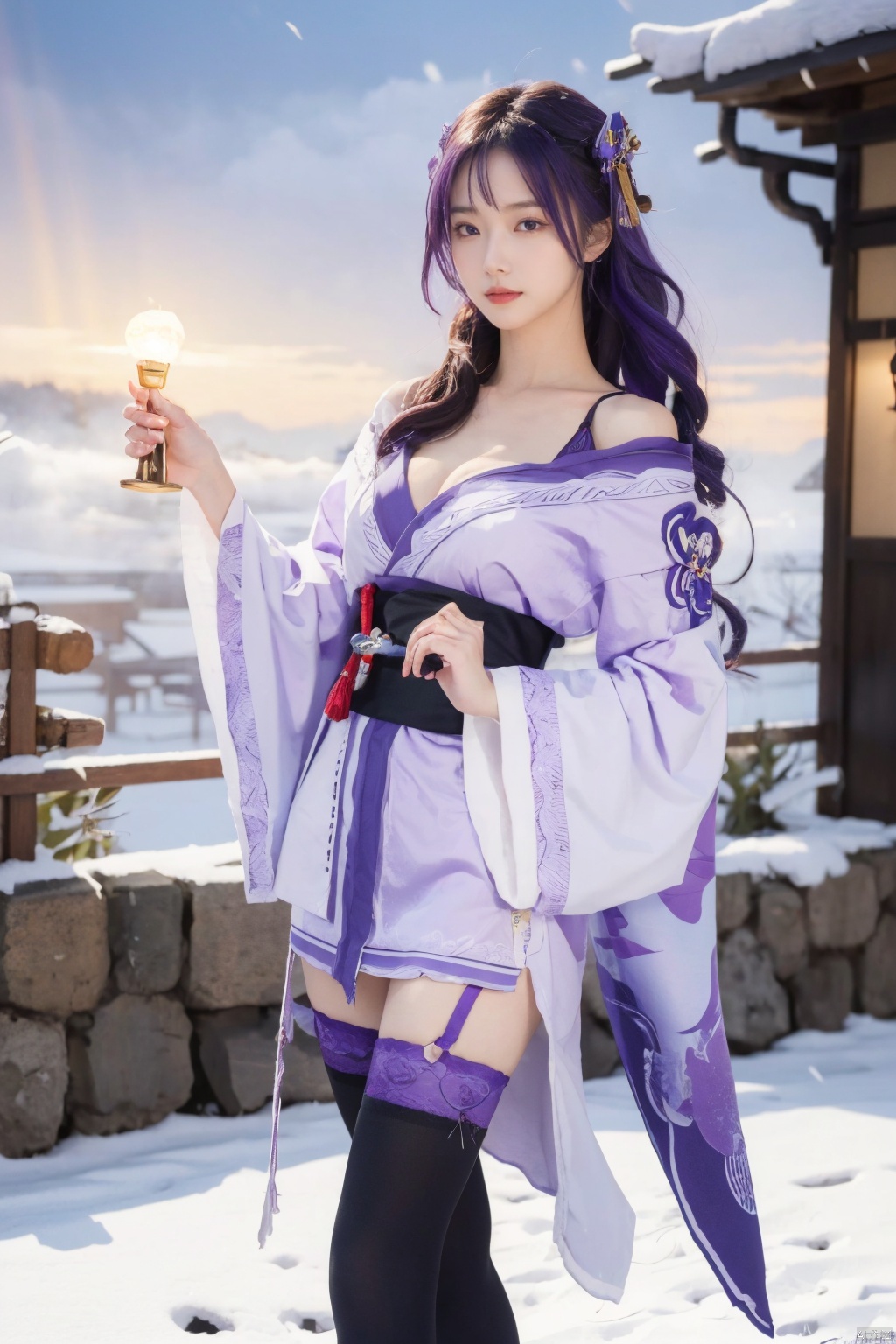  ((masterpiece, best quality, best shadow, official art, correct body proportions, Ultra High Definition Picture master composition)), (((best hands details))),
//////
1girl, raiden shogun, ((purple hair)), long hair, braid, hair ornament, (purple eyes), mole, cleavage, shoulder armor, (kimono), long sleeves, wide sleeves, sash, obi, tassel, tomoe\(symbol\), vision\(genshin impact\), (purple thighhighs), obijime, obiage, thighs,
//////
In winter, snow, eaves, (the breath of mist)
//////raiden shogun,night,half moon,