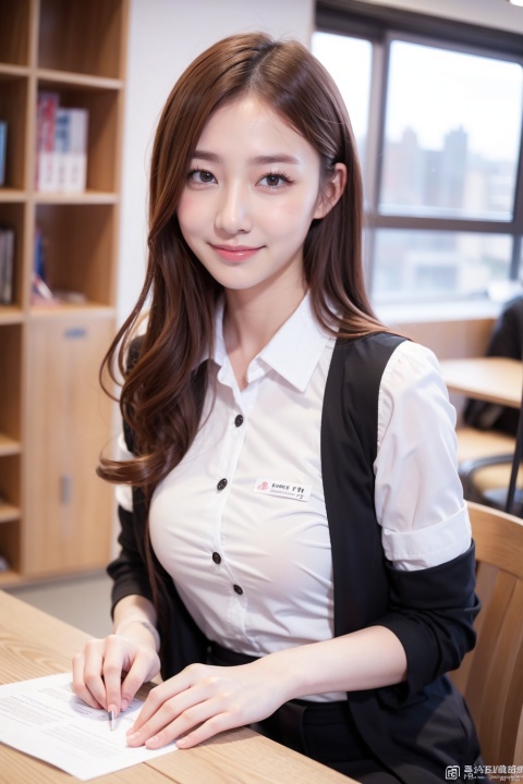  A white-collar worker works in a company, . 16 years old, White shirt,shy
small chest,1girl,female_solo,smile,
