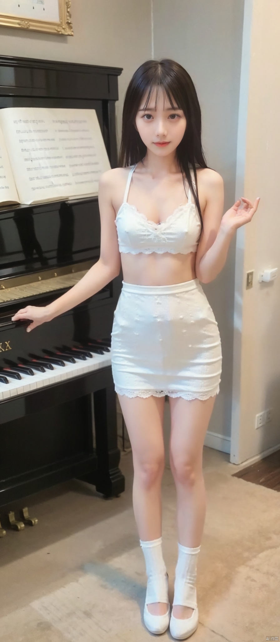  1girl, Lace skirt, ,,, small breasts,
, ,cum on legs,
, Getting undressed, ,,basement,
piano room,