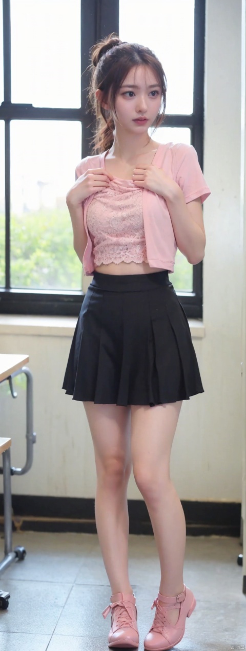  1girl,8k,,,long legs, ,
shirt,,
spotlight,chest focus,, lace skirt,
night,fool,pink shoes,bondage,
teacher,school room,half updo, shirt_lift