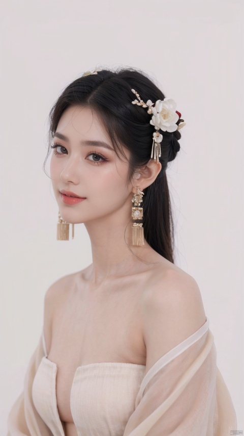 Best quality, masterpiece, ultra high res, (photorealistic:1.4), raw photo, 1girl, solo, long hair, looking at viewer, smile, simple background, black hair, hair ornament, white background, jewelry, closed mouth, upper body, earrings, makeup, chinese clothes, red lips, tassel earrings, hanfu, realistic