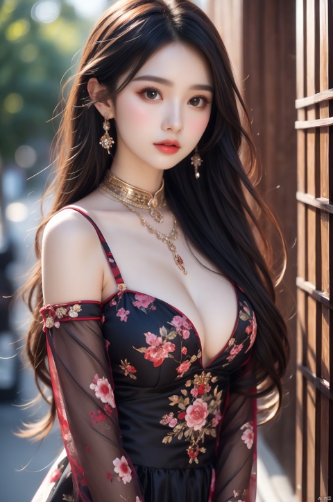  
 1girl, black hair, lips , long hair, long sleeves ,big breasts, looking at viewer , realistic , solo ,upper body , ,