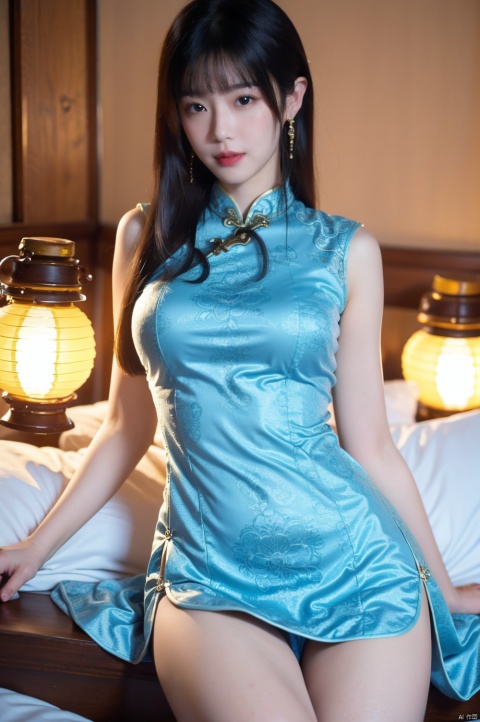  1girl,, on Stomach, lying down, bed,aqua_earrings,Lights, lanterns, chang,big breasts,, (antique cheongsam), (Chinese round fans), ll-hd, shidudou,naked,moyou