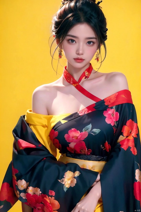  split color hair、Ichiro、 1 girl, solo, blue eyes, black haired, hair ornaments, hugged, medium breasts, Floral, generally, kimono, off shoulder, nail polish, compensate, lipstick, yellow background, red claw, eye shadow, Floral, Hairpin, Hairpin, comb, qingsha