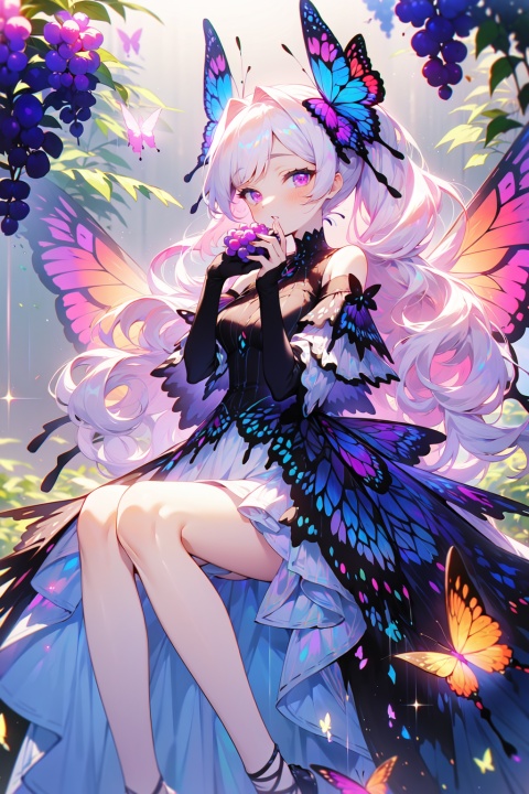  1other, bug, butterfly, light particles, pink eyes, pink hair, androgynous, flower, dress, sitting, solo, blurry, holding fruit, frills, feet out of frame, blue butterfly, food, leaf, fruit, ribbon, sidelocks, depth of field, wings, knees together feet apart, white dress, looking at viewer, holding food, hair ribbon, nature, white ribbon, plant, long hair, fingernails, side ponytail, off-shoulder dress, butterfly wings, holding, bangs, grapes, frilled dress, eyelashes, pink theme, frilled sleeves, bare shoulders, hair flower, outdoors, fairy wings, hair ornament, blue theme, blurry foreground, puffy sleeves, detached sleeves, glowing, forest, off shoulder, other focus, parted lips, finger to mouth, cross-laced clothes, purple theme, short dress, closed mouth, short sleeves, blurry background, wavy hair, layered dress, sideways glance, tree, bow, blue ribbon