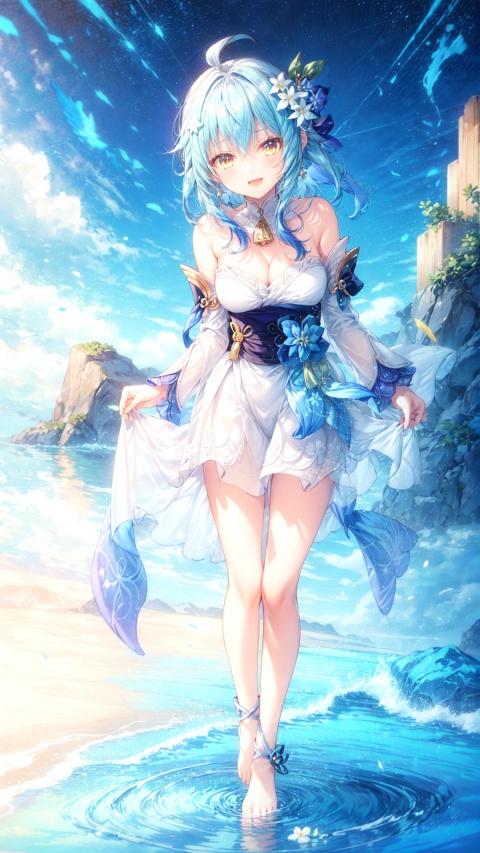  1girl, lumine (genshin impact), breasts, blonde hair, long dress, solo, night, hair ornament, flower, hair flower, open mouth, cleavage, yellow eyes, looking at viewer, smile, star (sky), sky, water, night sky, starry sky, white dress, skirt hold, barefoot, blush, ocean, outdoors, bangs, bare shoulders, medium breasts, beach, leaning forward, :d, wading, collarbone, white flower, short hair with long locks, halterneck, ahoge, full body, dress, sidelocks, standing, bare arms, hair between eyes, long hair