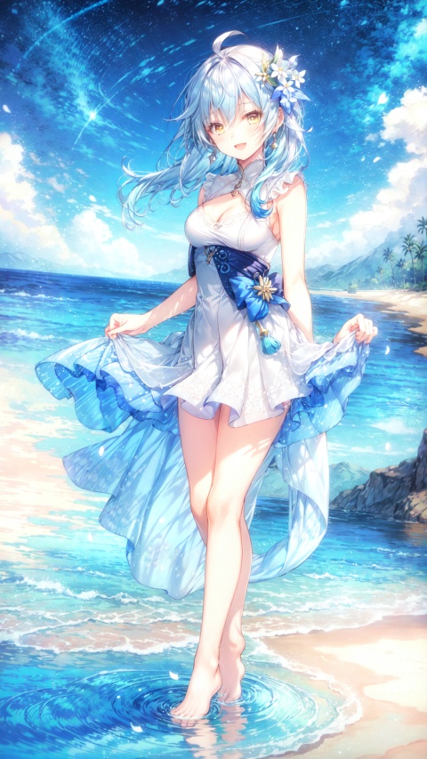  1girl, lumine (genshin impact), breasts, blonde hair, long dress, solo, night, hair ornament, flower, hair flower, open mouth, cleavage, yellow eyes, looking at viewer, smile, star (sky), sky, water, night sky, starry sky, white dress, skirt hold, barefoot, blush, ocean, outdoors, bangs, bare shoulders, medium breasts, beach, leaning forward, :d, wading, collarbone, white flower, short hair with long locks, halterneck, ahoge, full body, sleeveless, sleeveless dress, sidelocks, standing, bare arms, hair between eyes, long hair
