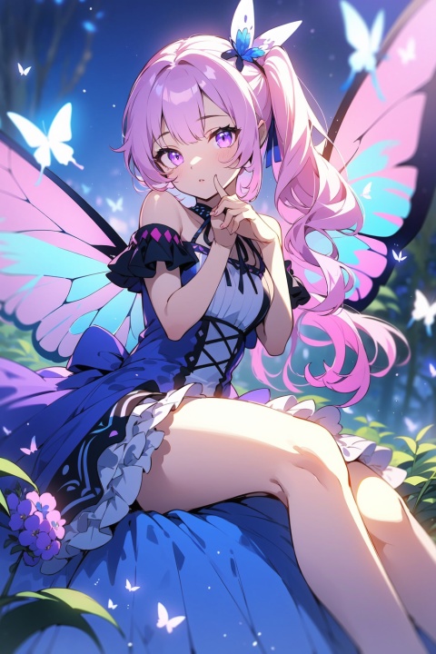  1other, bug, butterfly, light particles, pink eyes, pink hair, androgynous, flower, dress, sitting, solo, blurry, holding fruit, frills, feet out of frame, blue butterfly, food, leaf, fruit, ribbon, sidelocks, depth of field, wings, knees together feet apart, white dress, looking at viewer, holding food, hair ribbon, nature, white ribbon, plant, long hair, fingernails, side ponytail, off-shoulder dress, butterfly wings, holding, bangs, grapes, frilled dress, eyelashes, pink theme, frilled sleeves, bare shoulders, hair flower, outdoors, fairy wings, hair ornament, blue theme, blurry foreground, puffy sleeves, detached sleeves, glowing, forest, off shoulder, other focus, parted lips, finger to mouth, cross-laced clothes, purple theme, short dress, closed mouth, short sleeves, blurry background, wavy hair, layered dress, sideways glance, tree, bow, blue ribbon