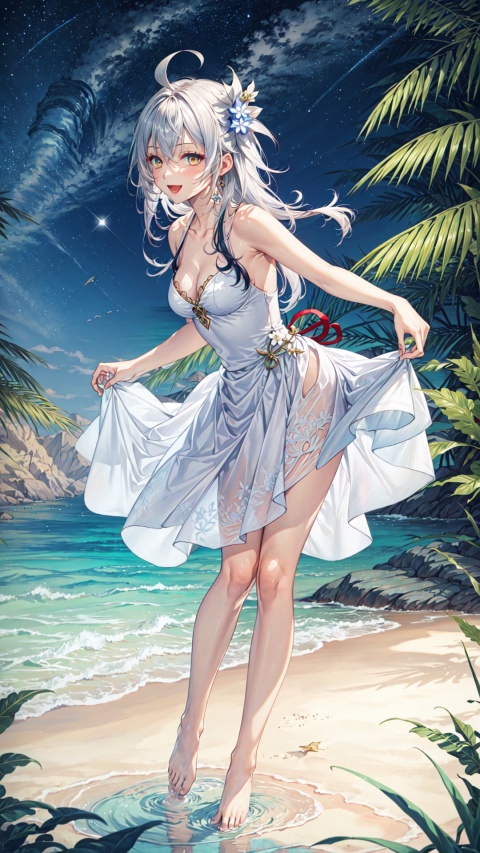  1girl, lumine (genshin impact), breasts, blonde hair, dress, solo, night, hair ornament, flower, hair flower, open mouth, cleavage, yellow eyes, looking at viewer, smile, star (sky), sky, water, night sky, starry sky, white dress, skirt hold, barefoot, blush, ocean, outdoors, bangs, bare shoulders, medium breasts, beach, leaning forward, :d, wading, collarbone, white flower, short hair with long locks, halterneck, ahoge, full body, sleeveless, sleeveless dress, sidelocks, standing, bare arms, hair between eyes, long hair
