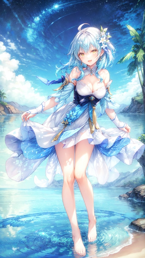  1girl, lumine (genshin impact), breasts, blonde hair, long dress, solo, night, hair ornament, flower, hair flower, open mouth, cleavage, yellow eyes, looking at viewer, smile, star (sky), sky, water, night sky, starry sky, white dress, skirt hold, barefoot, blush, ocean, outdoors, bangs, bare shoulders, medium breasts, beach, leaning forward, :d, wading, collarbone, white flower, short hair with long locks, halterneck, ahoge, full body, dress, sidelocks, standing, bare arms, hair between eyes, long hair