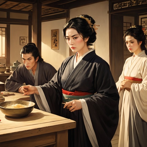  (Masterpiece, superb, quality, delicate facial features), a 50-year-old middle-aged woman with loose black hair, a wrinkled face, wearing a black wide hanfu and squinting eyes
Total 10,
((frowning, angry, opening mouth: 1.2)), (following a group of people), standing, in the kitchen, antique,