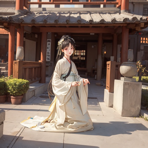  (((masterpiece, best quality))), ((good structure, good composition, clear)), 1 beautiful girl 16 years old, eyes wide, surprised, kneeling on the ground, upper body frontal display, ((beige Hanfu)), in the study, antique architecture, majisbpk