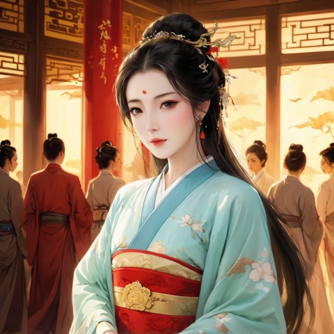  (Masterpiece, exquisite, quality, delicate facial features), 50-year-old middle-aged woman, black hair is scattered, face is full of wrinkles, wearing beige wide Hanfu, wide-eyed, red eyes, ((surprised, open mouth: 1.2)), (following behind a group of people), (rushing forward: 1.3), on the palace hall, with the palace as the background, the back of the upper body is displayed, ancient Chinese style,拿着一把扇子