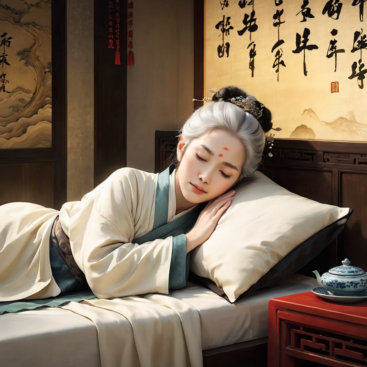  (Masterpiece, exquisite, quality, delicate facial features), (1 60-year-old middle-aged woman), (noble old lady), white hair coiled behind her head, face full of wrinkles, wearing a delicate black hanfu, ((eyes closed: 1.2)), ((lying on the bed: 1.3, head resting on a pillow)), in the bedroom, with the palace as a background, showing the upper body frontally, (ancient Chinese style: 1.2)