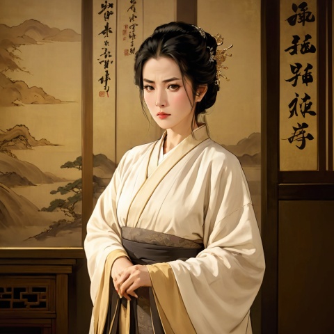  (Masterpiece, exquisite, quality, delicate facial features), a 50-year-old middle-aged woman with loose black hair, wearing a beige wide hanfu and squinting eyes
Solo, (frowning, angry, opening mouth: 1.2)), standing, in a dark room, ancient Chinese style