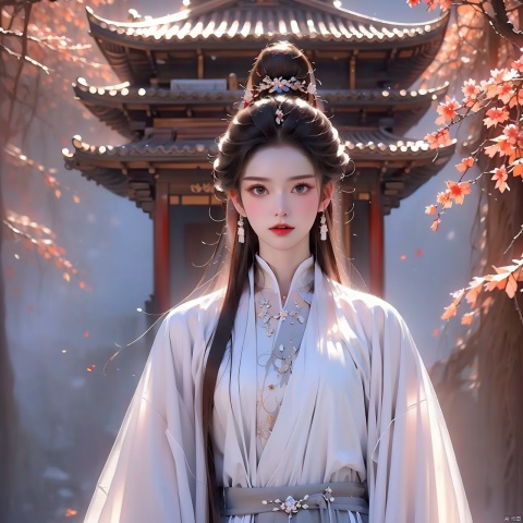 (((Masterpiece, best quality)))), ((Good structure, good composition, good atomicity)), ((Clear, original, beautiful)), 1 50-year-old woman, eyes wide, sneering, walking forward, (upper body front display: 1.3), ((white turtleneck robe)), Hanfu, ancient courtyard background, ancient building