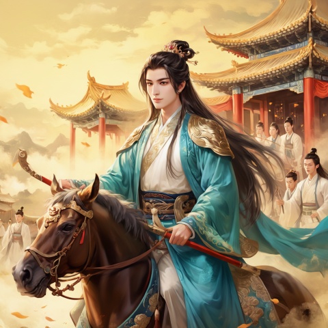 (masterpieces, the best quality, very detailed, quality, delicate functionality, extremely detailed eyes, light art), (total number: 10),
((1 handsome man, 18 years old, long brown hair tied back and wearing a golden crown)), ((in a delicate black hanfu: 1.2)), riding on a horse, frowning, (sweaty face: 1.2), (opening his mouth wide, screaming)), followed by a group of people, outside the palace, in the morning, ((shown on the front above the waist))), ancient Chinese style,