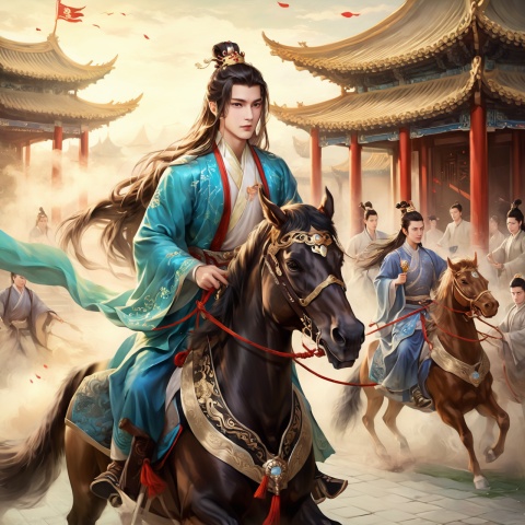 (masterpieces, the best quality, very detailed, quality, delicate functionality, extremely detailed eyes, light art), (total number: 10),
((1 handsome man, 18 years old, long brown hair tied back and wearing a golden crown)), ((in a delicate black hanfu: 1.2)), riding on a horse, frowning, (sweaty face: 1.2), (opening his mouth wide, screaming)), followed by a group of people, outside the palace, in the morning, ((shown on the front above the waist))), ancient Chinese style,