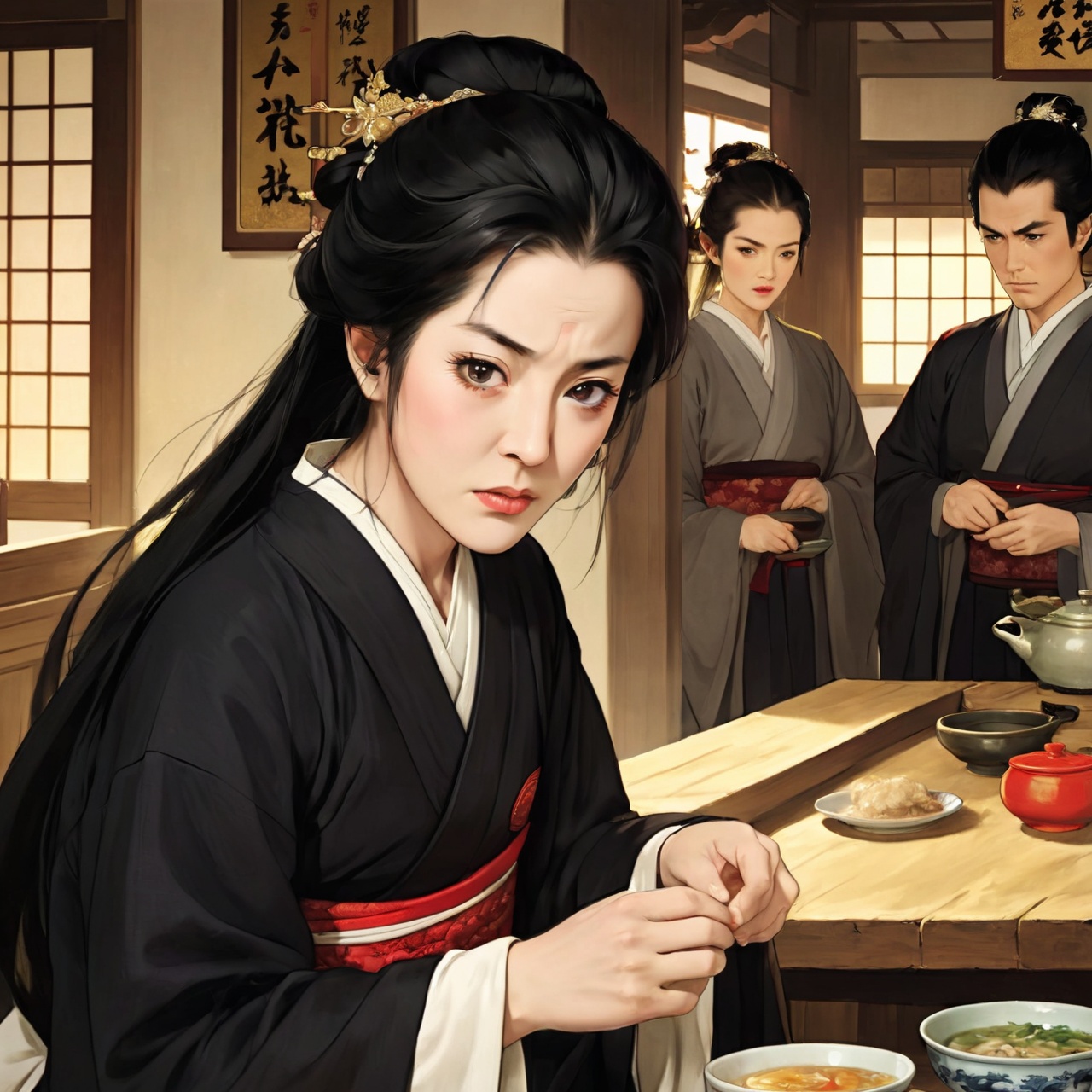  (Masterpiece, superb, quality, delicate facial features), a 50-year-old middle-aged woman with loose black hair, a wrinkled face, wearing a black wide hanfu and squinting eyes
Total 10,
((frowning, angry, opening mouth: 1.2)), (following a group of people), standing, in the kitchen, antique,
