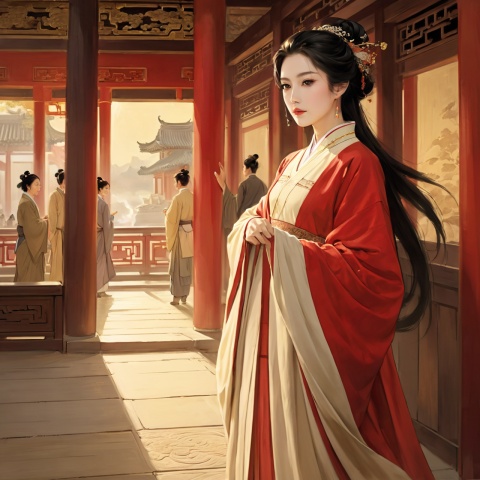  (Masterpiece, exquisite, quality, delicate facial features), 50-year-old middle-aged woman, black hair is scattered, face is full of wrinkles, wearing beige wide Hanfu, wide-eyed, red eyes, ((surprised, open mouth: 1.2)), (following behind a group of people), (rushing forward: 1.3), on the palace hall, with the palace as the background, the back of the upper body is displayed, ancient Chinese style