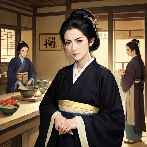  (Masterpiece, superb, quality, delicate facial features), a 50-year-old middle-aged woman with loose black hair, a wrinkled face, wearing a black wide hanfu and squinting eyes
Total 10,
((frowning, angry, opening mouth: 1.2)), (following a group of people), standing, in the kitchen, antique,