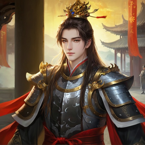 (Masterpiece, best quality, very detailed, quality, refined functionality, extremely detailed eyes, light art)
((Handsome man, 18 years old, long brown hair tied back and wearing a golden crown)), ((in delicate black armor: 1.2)), wide-eyed, red-eyed, painful, sweaty face: 1.2, (open mouth, scream)), in the palace courtyard, in the morning, ((front above the waist))), ancient Chinese style, Chinese_armor