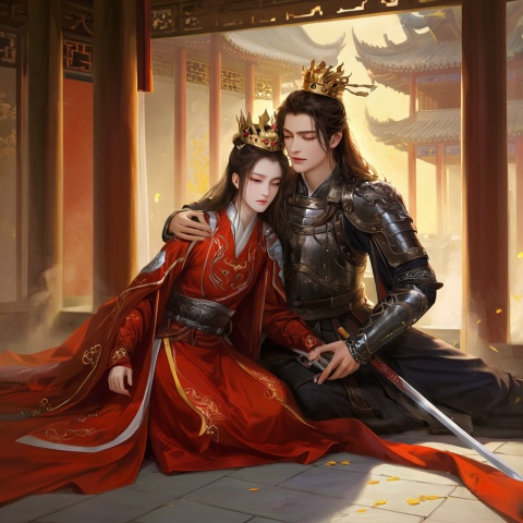  (Masterpiece, best quality, very detailed, quality, delicate functionality, extremely delicate eyes, light art), (total number of 2, 1 man, 1 woman, hug)
((Handsome man, 18 years old, long brown hair tied back and wearing a golden crown)), ((in delicate black armor: 1.2)), (eyes closed: 1.2), pain, madness, tears on his face: 1.2, (open mouth wide: 1.2, scream)), sitting on the ground, in the palace courtyard, in the morning, ((above the waist in front))), ancient Chinese style, Chinese_armor