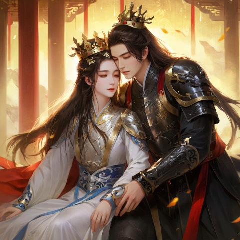  (Masterpiece, best quality, very detailed, quality, delicate functionality, extremely delicate eyes, light art), (total number of 2, 1 man, 1 woman, hug)
((Handsome man, 18 years old, long brown hair tied back and wearing a golden crown)), ((in delicate black armor: 1.2)), (eyes closed: 1.2), pain, madness, tears on his face: 1.2, (open mouth wide: 1.2, scream)), sitting on the ground, in the palace courtyard, in the morning, ((above the waist in front))), ancient Chinese style, Chinese_armor