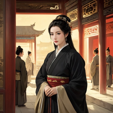  (Masterpiece, exquisite, quality, delicate facial features), 50 years old, black hair is loose, face is full of wrinkles, wearing a black wide hanfu, squinting eyes, (total population 10:1.3), (frowning), (following behind a group of people), standing in the palace hall, with the palace as the background, ((Ancient Chinese style)),